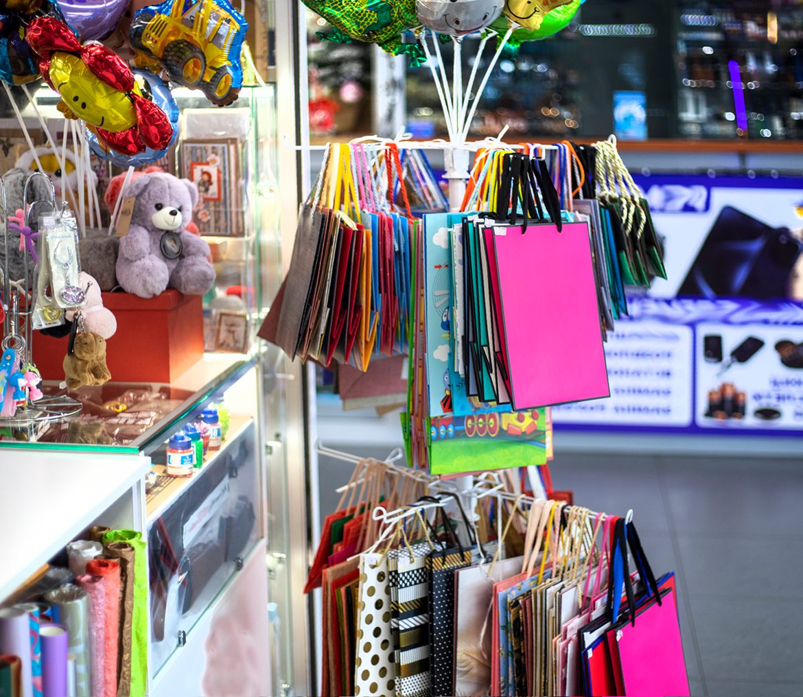 Display of vibrant gift bags and toys