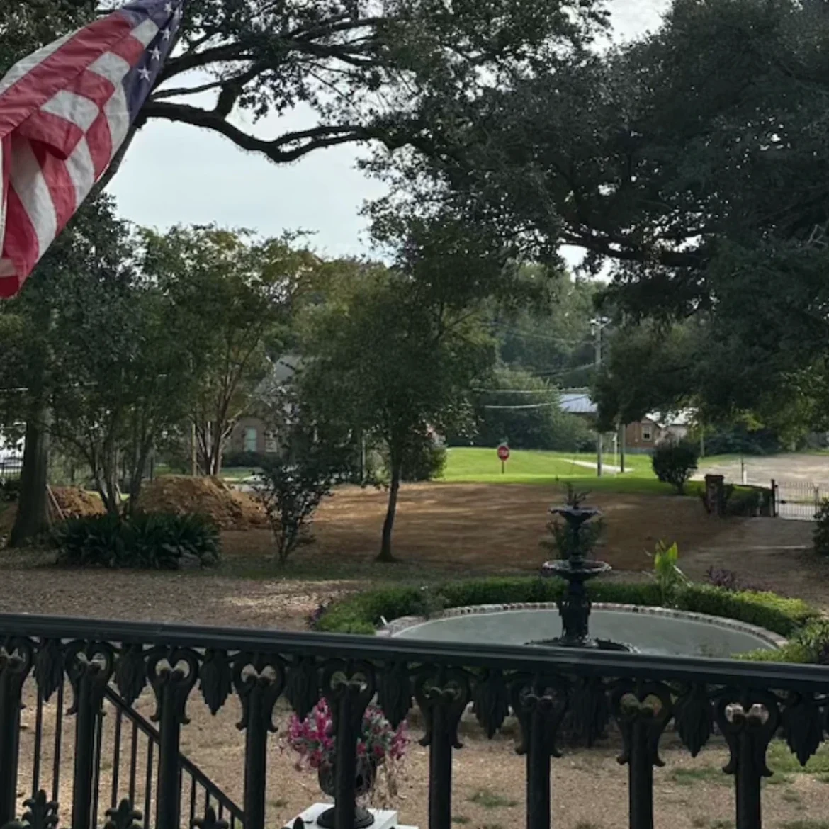 Scenic view with flag and fountain