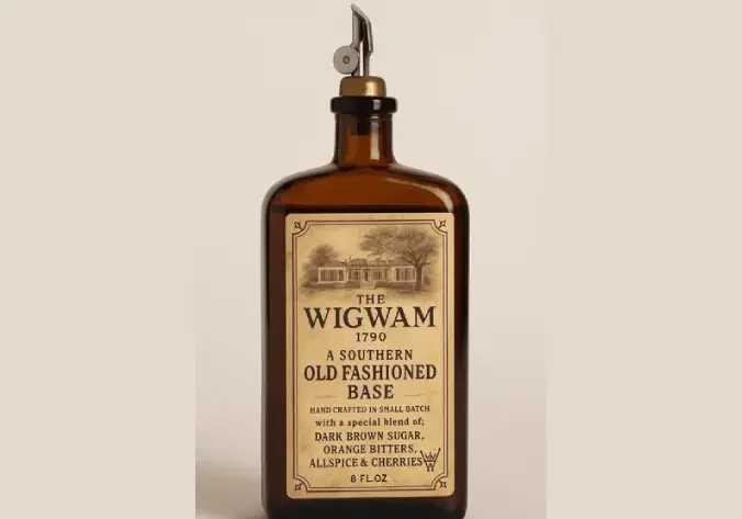 Vintage brown bottle labeled 'Wigwam Old Fashioned Base'.